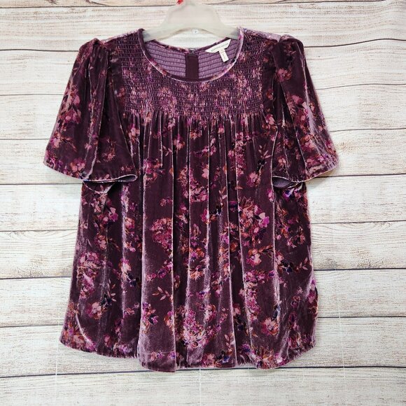 Rebecca Taylor Top Velvet Smocked Short Sleeve Burgundy Size 10 Silk Blend - Picture 1 of 12